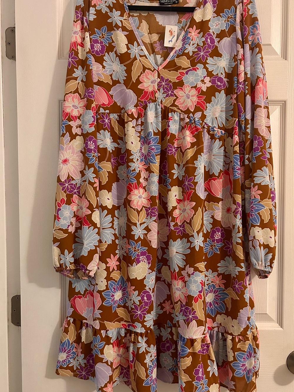 HEIMISH USA Brown Floral Tiered Dress with Pink Purple and Blue Blooms